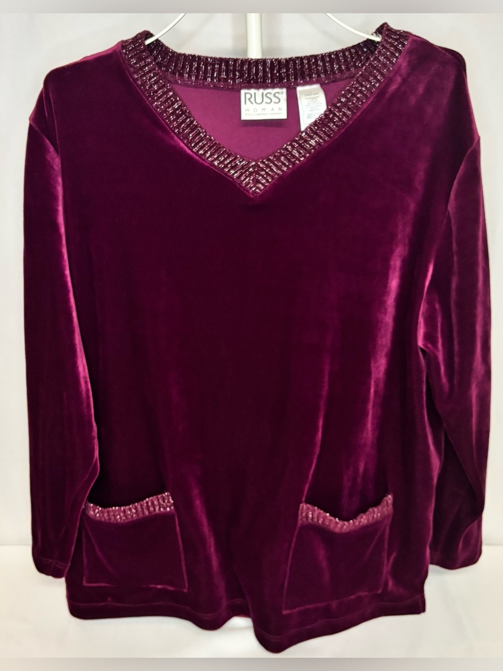 Vtg Russ Liz Claiborne Amethyst Velvet Beaded V-Neck Top Tunic Plus 1 14W 16W